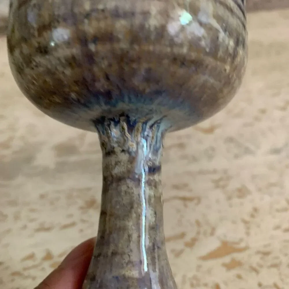 Set of two pottery goblets with purple & blue  drippy glaze.